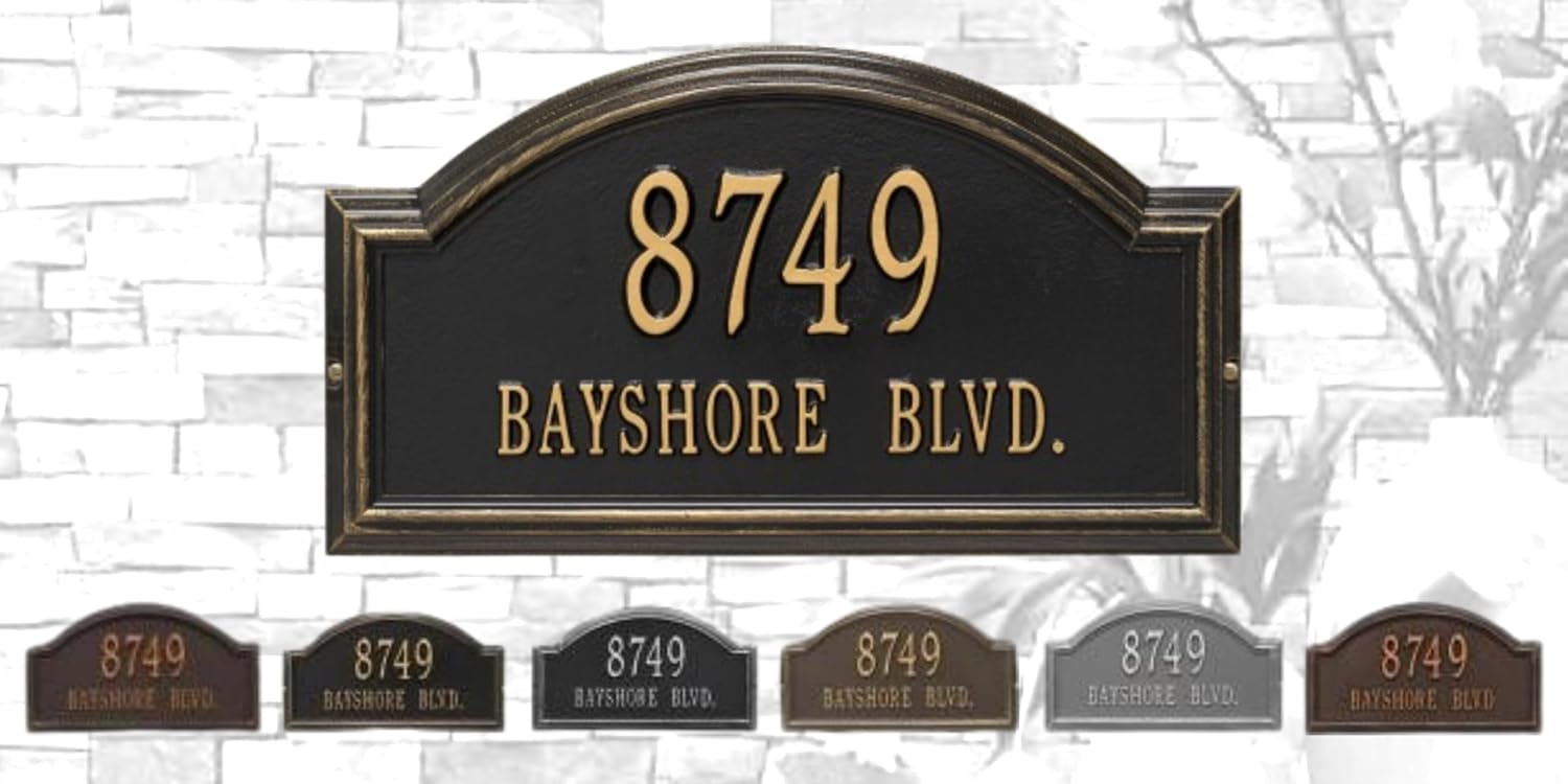 Whitehall Address Plaque, Providence Arch - Standard Wall - Two Line, Personalized House Number Sign, Cast Metal Custom Address Plaque for House Numbers, (6 Colors Available)