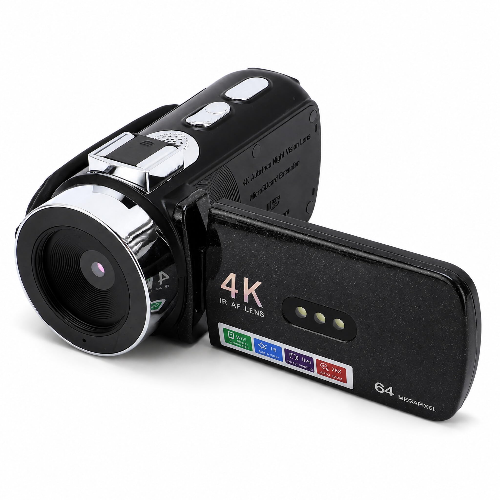 Fabater Caméra Vidéo, Caméscope Ultra HD 4K 64MP, Enregistreur de Caméra WiFi Vlogging 3 Pouces avec Zoom Numérique 28X, Vision Nocturne IR, Batterie de 4800mAh pour Youtube