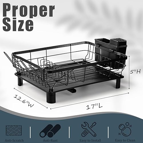 Miniatura 4 de Lyellfe Escurridor de platos, escurridor de platos a prueba de óxido con soporte para tazas de utensilios, escurridor de platos de hierro negro y