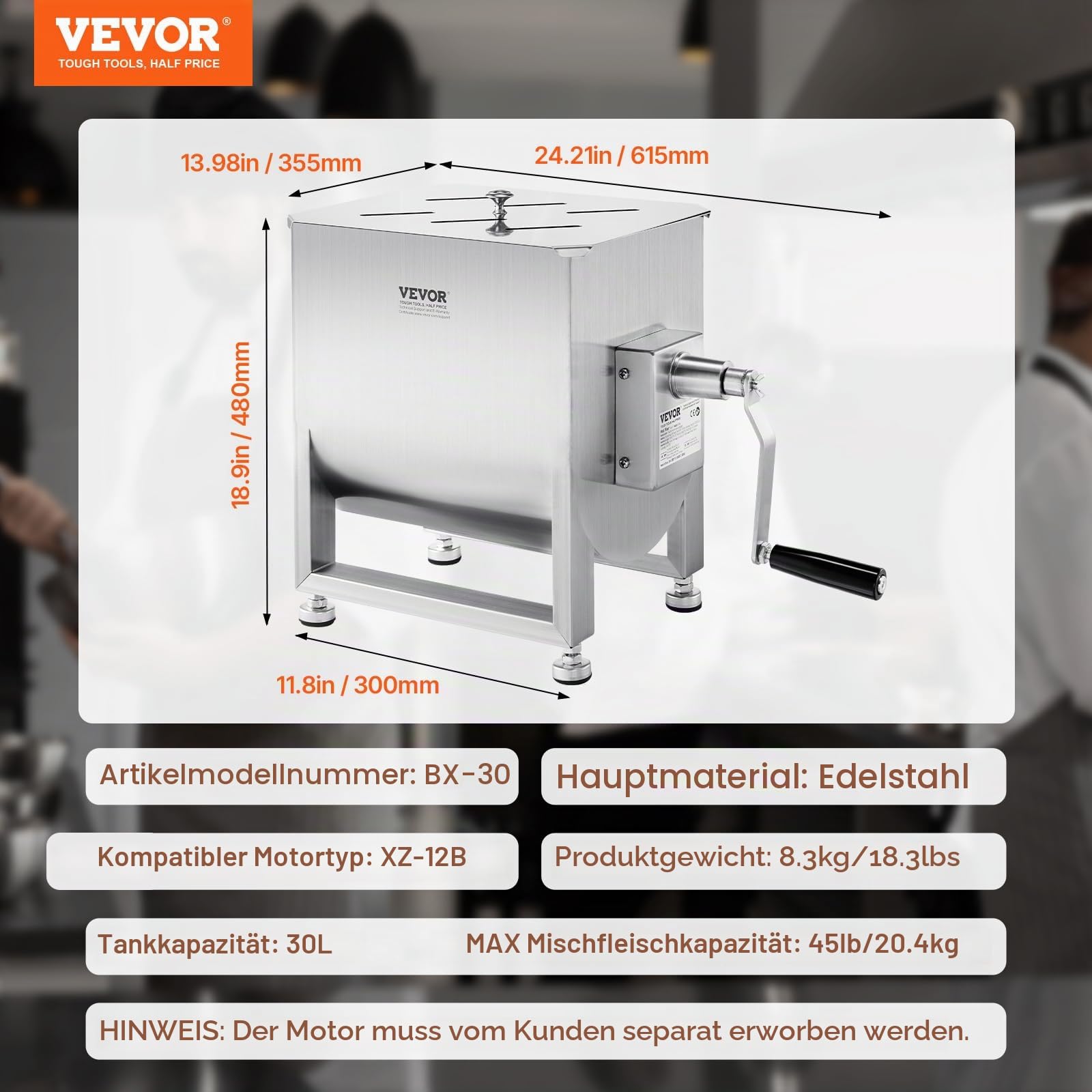 VEVOR manueller Fleischmischer 30 L Fleischverarbeitungsgerät (maximales Mischen von 20,4 kg Fleisch), Fleischmischer aus Edelstahl, Wurstmischer mit Untersetzungsgetriebe, Handmixer für Hackfleisch