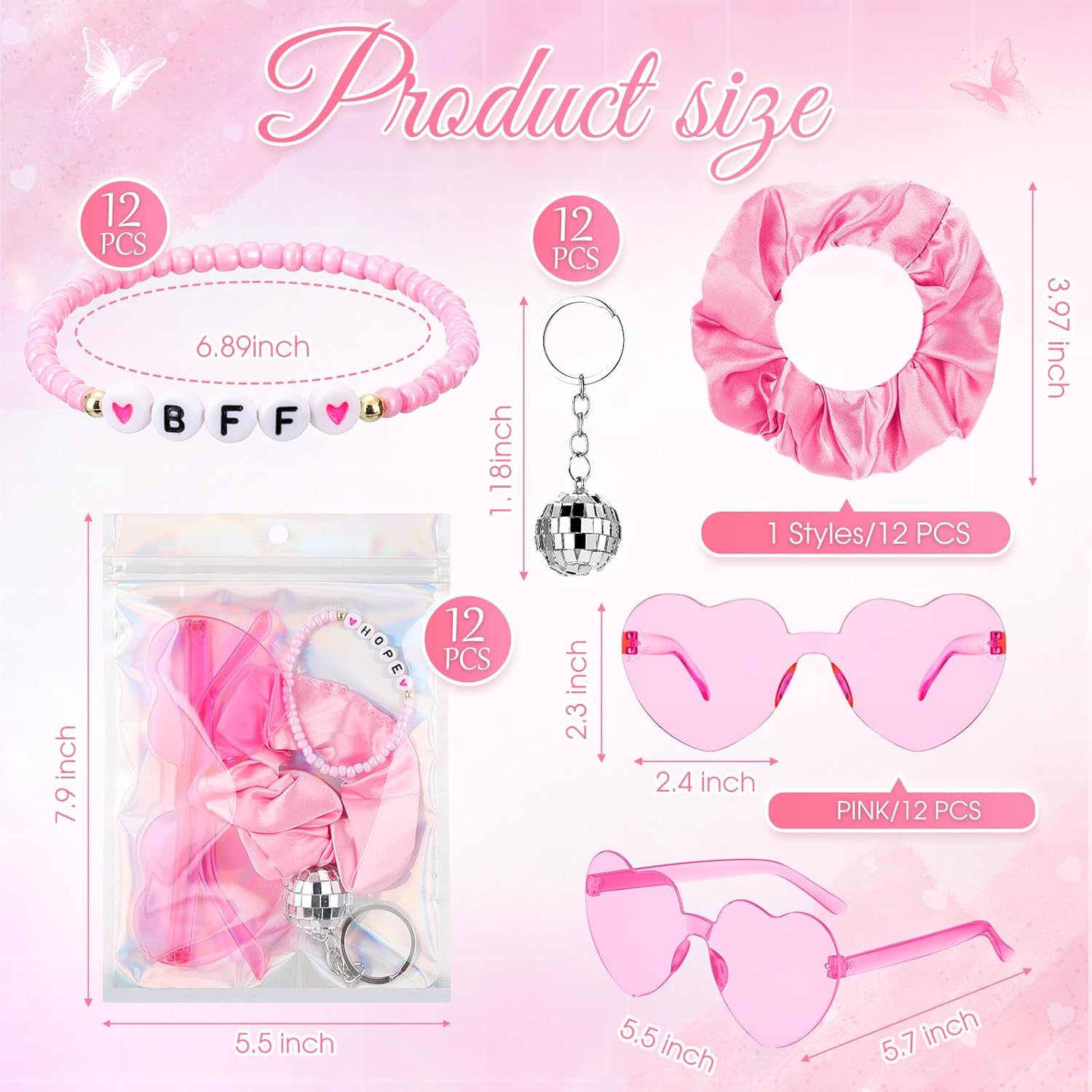 Geiserailie 60 Pcs Kpop Party Favors Popular Singer Supplies Friendship Bracelets Disco Keychain Sunglasses Holographic Scrunchie Set Bags 12 Set Friendship Gifts for Kpop Fans Women(Pink) - Image 2
