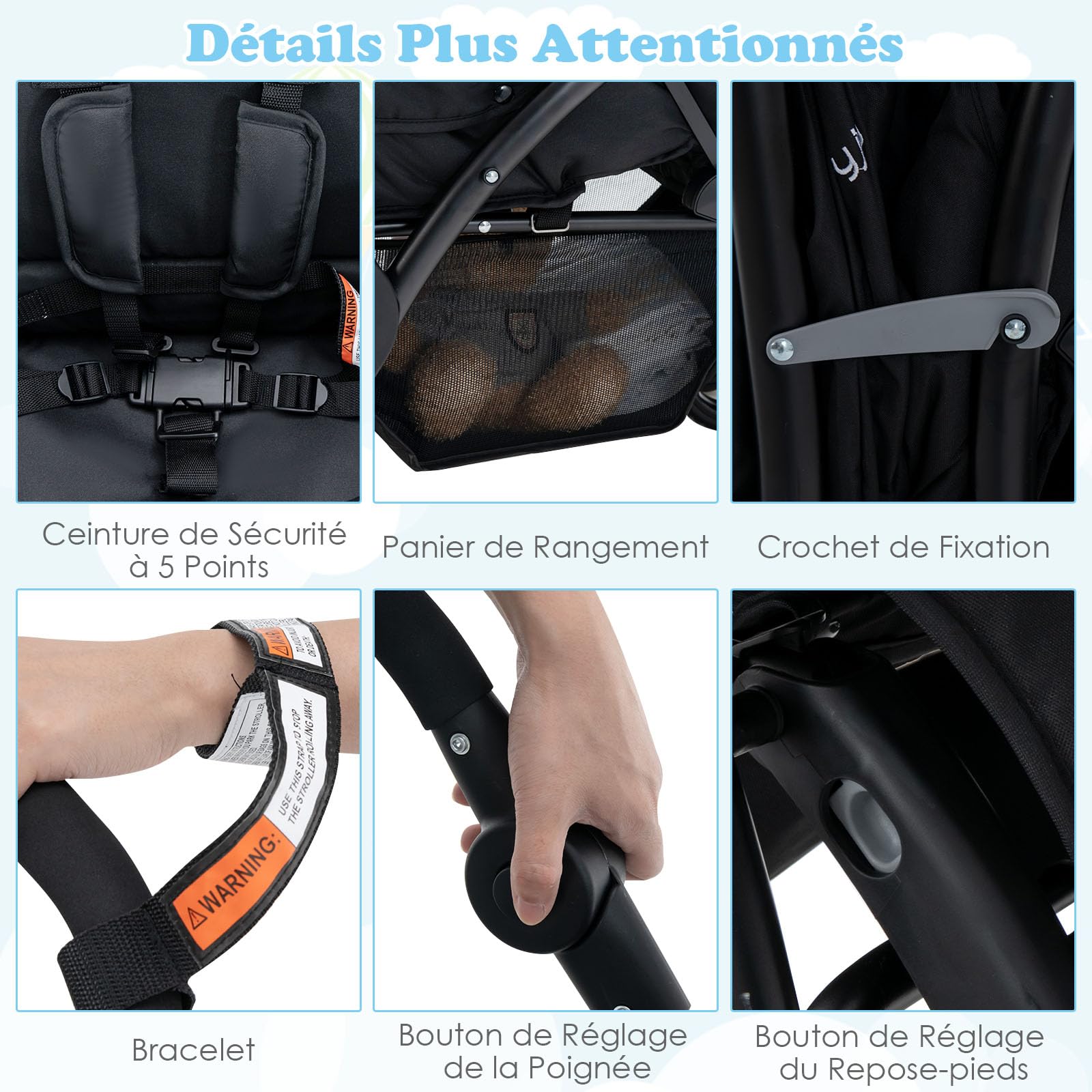 GOPLUS Poussette Double Bébé, Poussette Pliable pour Jumeaux avec Dossier Réglable, Poignée et Auvent Réglables, Ceintures de Sécurité à 5 Points, Poussettes 2 Places pour Tout-petits 0-3 Ans (Noir)