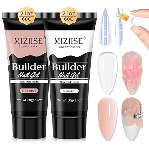 MIZHSE Gel constructor sólido  2 unidades de 2.1 oz 2.0 fl oz de gran capacidad de gel duro transparente y desnudo para uñas kit con formas de uñas,