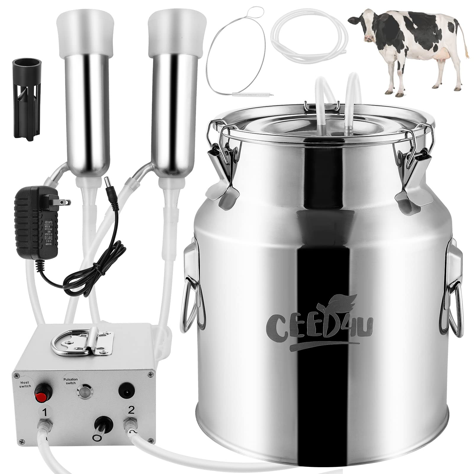 CEED4U 14L Cow Milking Machine, Portable Pulsation Vacuum Pump Electric Cow Milker, with Stainless Steel Milk Bucket & Auto Stop Check Valve (Upgrade Model)