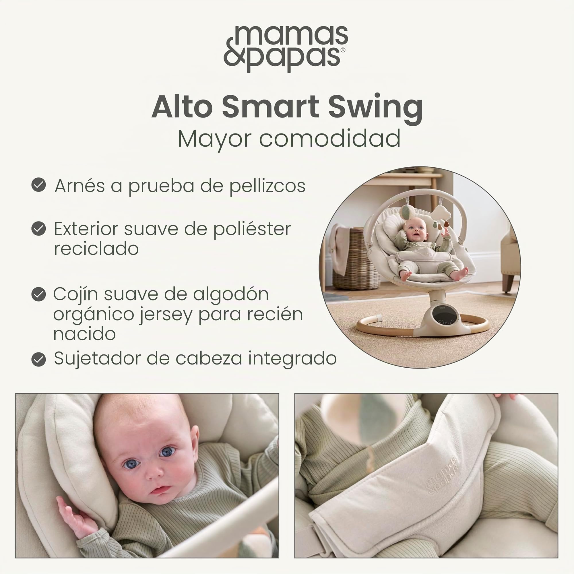 Mamas & Papas Alto Smart Baby Swing, Pantalla táctil, multivelocidad, melodías, Bluetooth y Control Remoto, Cachemira