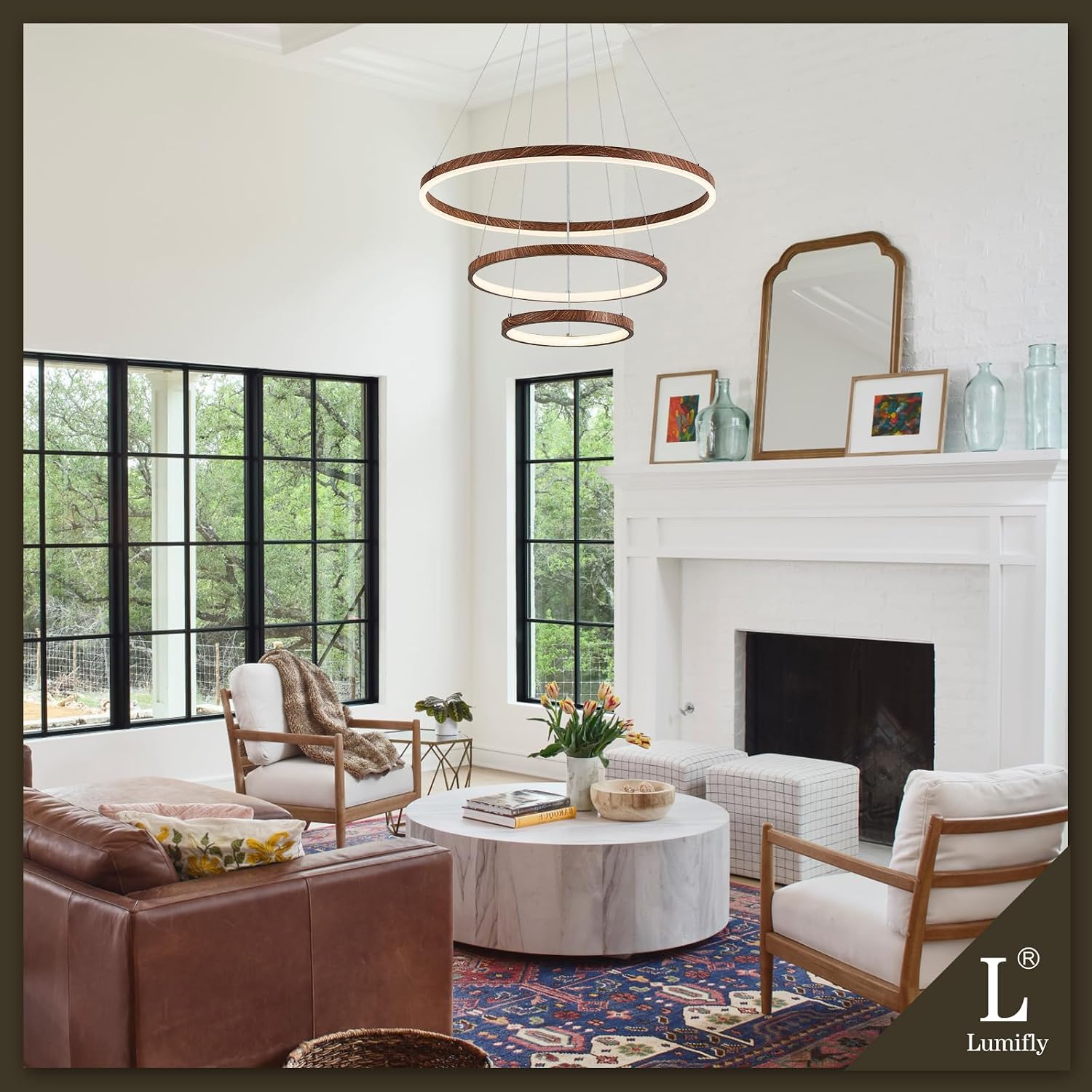 Modern LED Chandelier Dimmable 3 Ring Pendant Light for Dining Room, Circular Round Chandelier with Remote Control Flush Mount High Ceiling Lights for Living Room Entryway, 24 Inches 3000K-6500K