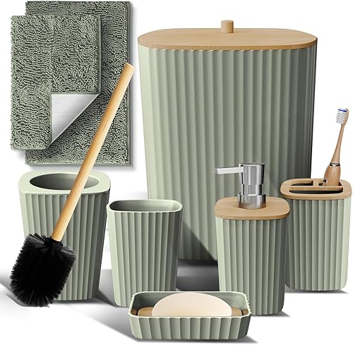 Miniatura 23 de Clara Clark Juego de Baño - Juego de Accesorios de Baño Verde Salvia, Juego de Accesorios de Baño de 6 Piezas, Juegos de Baño con Cepillo de Verde