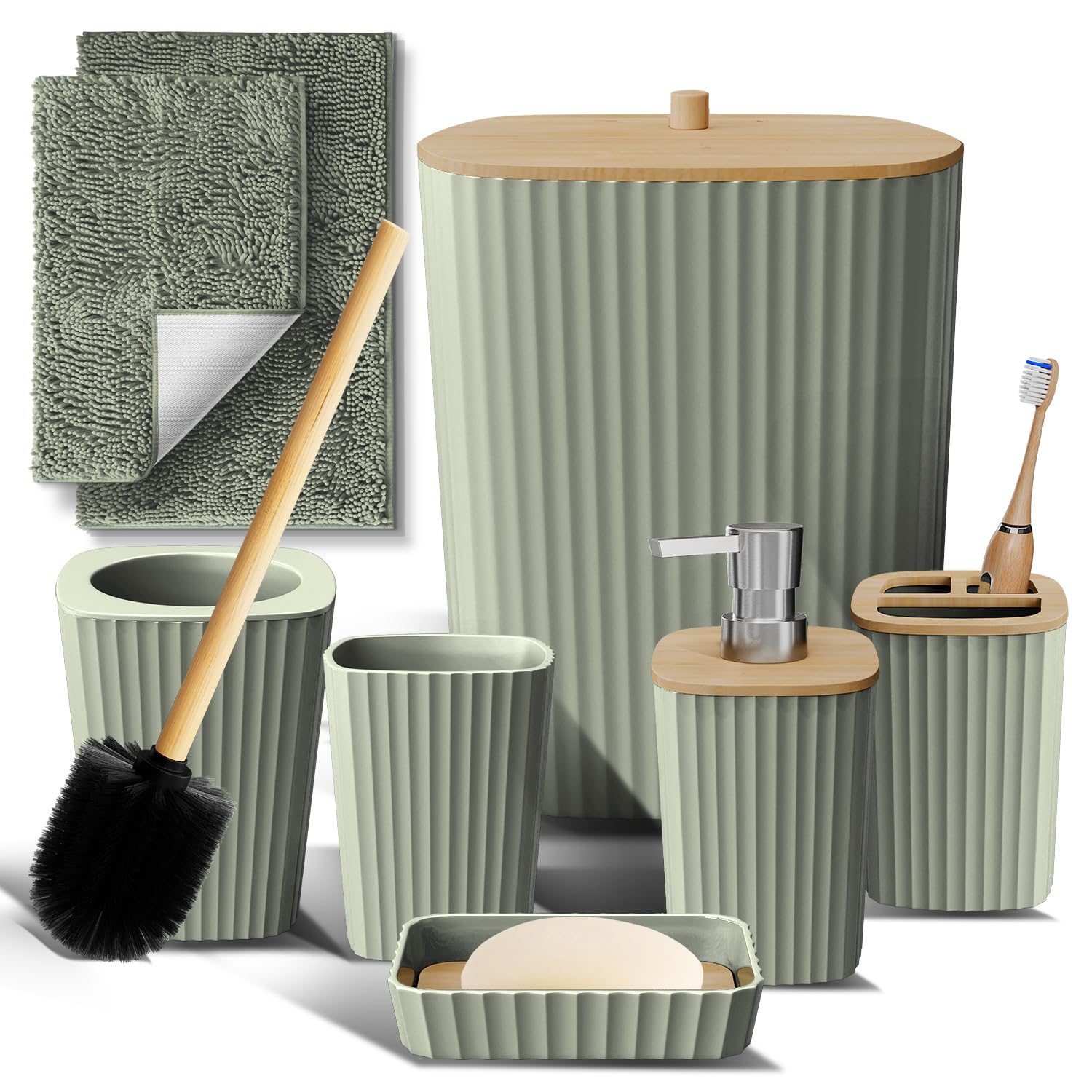 Clara Clark Bathroom Set - Sage Green Bathroom Accessories Set, 6PC Bathroom Accessory Set, Bathroom Sets with Bathroom Rugs, Toilet Brush, Trash Can