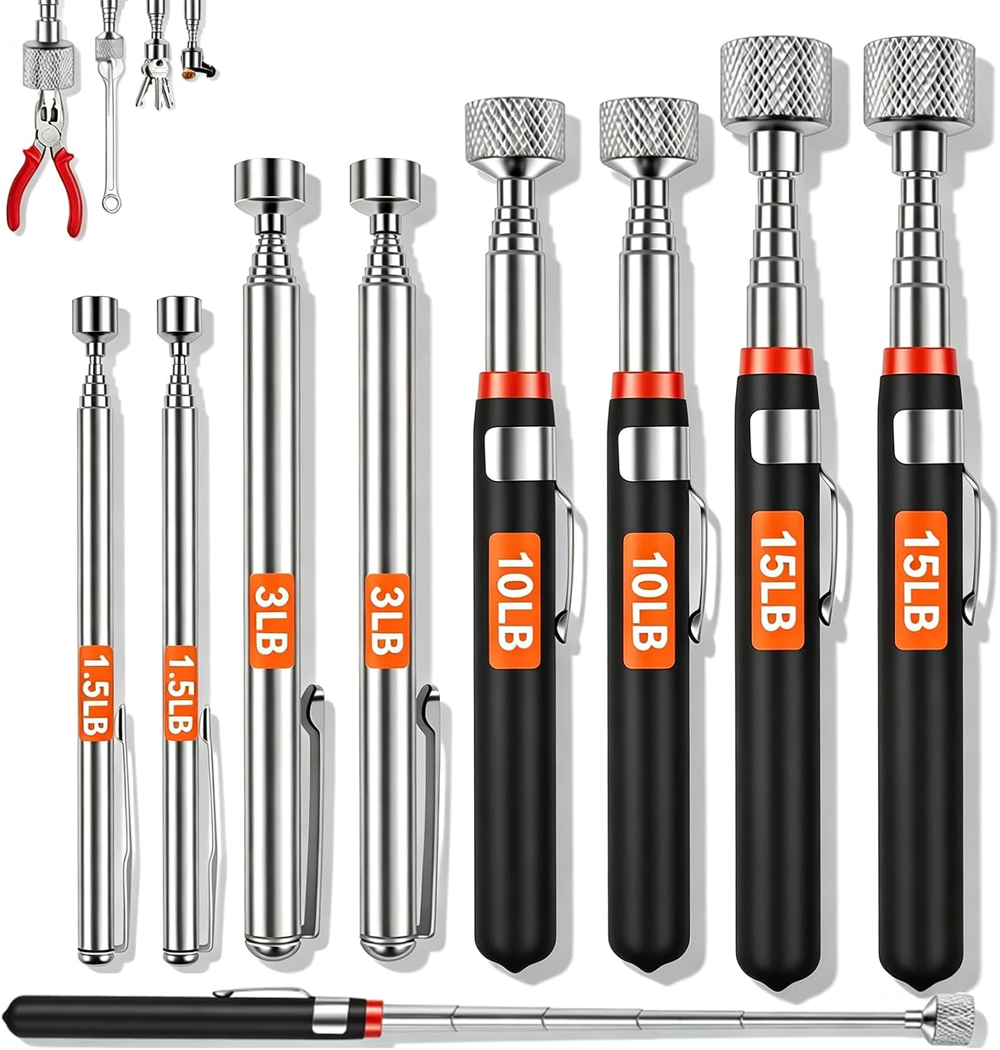 8Pcs Telescoping Magnetic Pickup Tool, 1.5LB 3LB 10LB 15LB Extendable Magnet Stick Set Stainless Steel Portable Bolt Screws Nails Picker Grabber Pocket Pens for Men Husband Dad Him Birthday Christmas