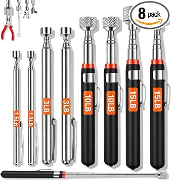 8Pcs Telescoping Magnetic Pickup Tool 1.5LB 3LB 10LB 15LB Extendable Magnet Stick Set Grabber Tools Stainless Steel Portable Bolt Screws Reacher Magnetic Nail Picker for Men Husband Birthday Christmas
