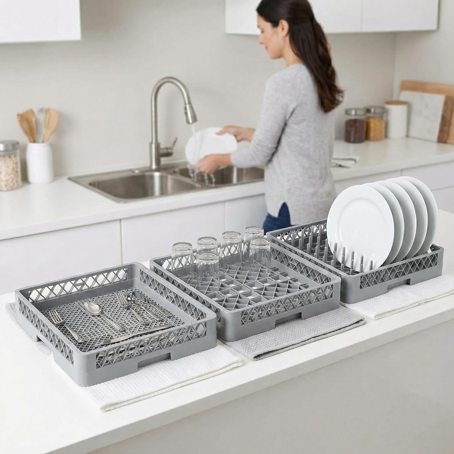 2+1 Set Spülkorb 50x50 für Gastro Spülmaschine – 2X Tellerspülkorb + 1x Besteckspülkorb (Durchfallschutz) Geschirrkorb für Restaurant Hotel Catering - Abtropfkorb