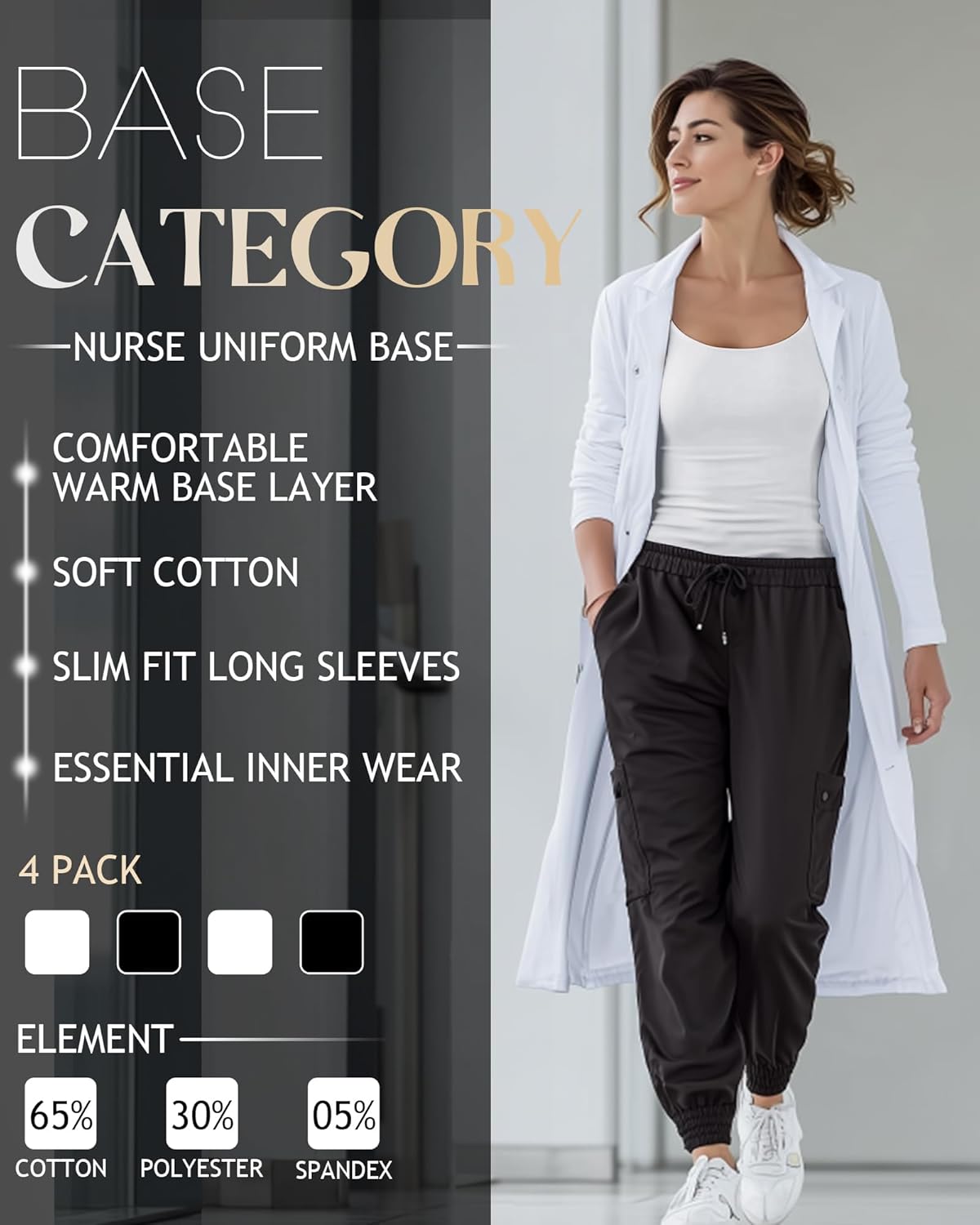 4 Pack Women's Underscrub T-Shirts, Long Sleeve 65% Cotton Tees Slim Fit Scrub Tops Scoop Neck Basic Layer Shirts - Image 5