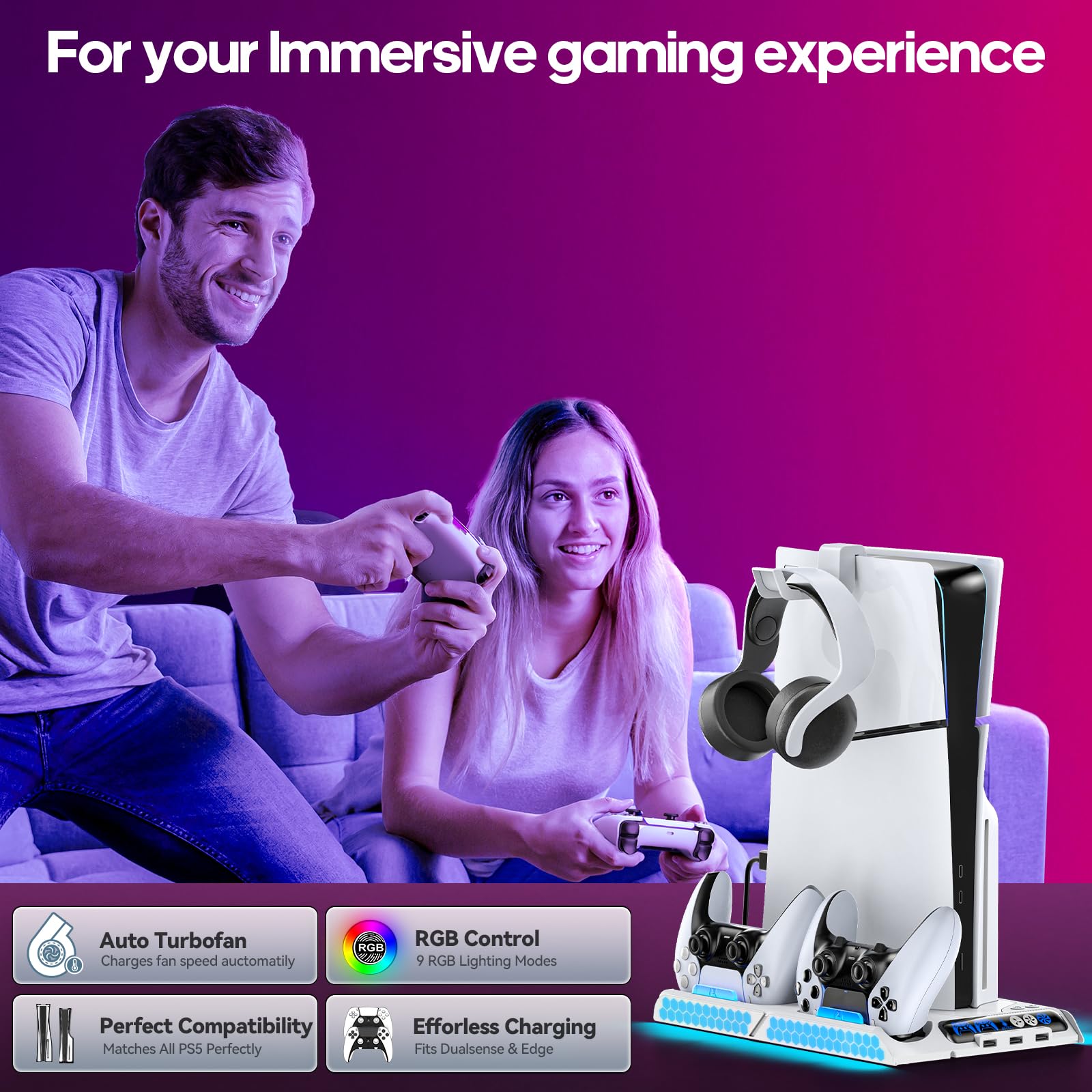 Tokluck Support de refroidissement pour PS5 Pro/PS5 Slim/PS 5 avec réglage automatique, base de charge manette PS5 avec ventilateur de refroidissement à 4 étapes, accessoires PS5 Original/Edge