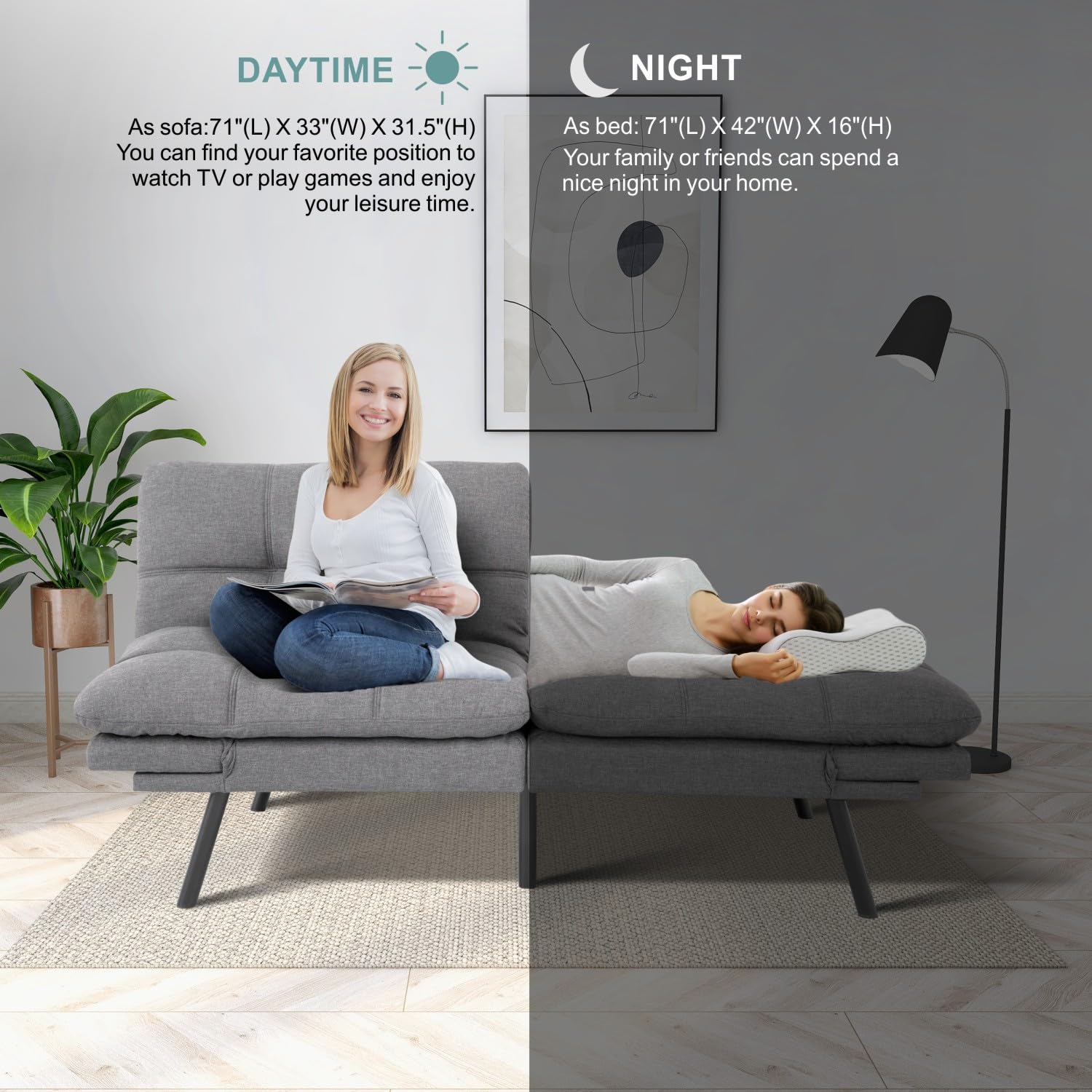 MUUEGM 71" Futon Sofa Bed with Memory Foam,Futon Couch with Adjust Backrest and Armrest, Couches Bed for Living Room,Studios, Apartments, Dormitories, Offices and Game Rooms. Light Grey Sofa Bed