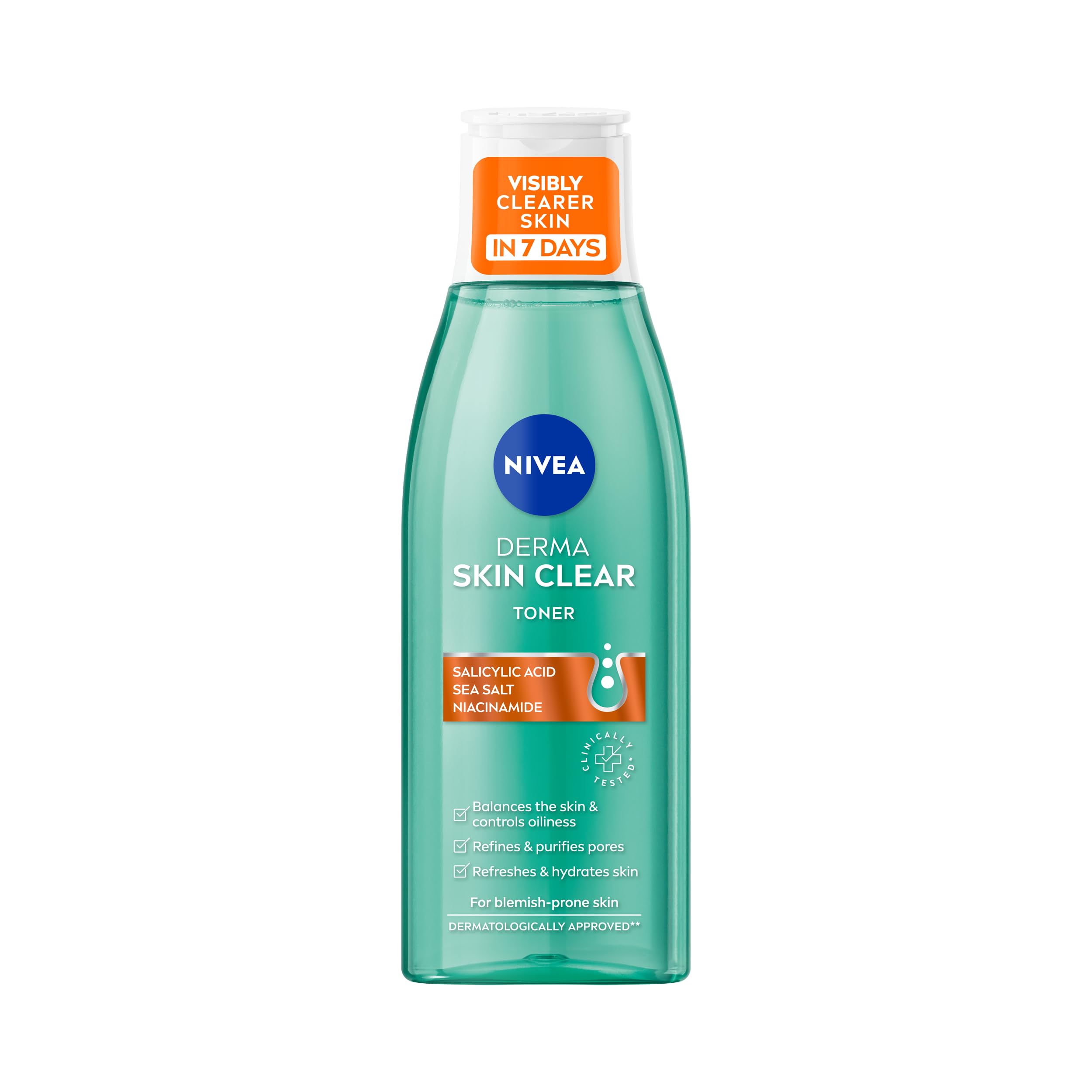 NIVEA Derma Skin Clear Toner (200ml), Cleansing and Hydrating Toner, Salicylic Acid Toner Enriched with Niacinamide to Rebalance the Skin and Remove Impurities, For Blemish-Prone Skin