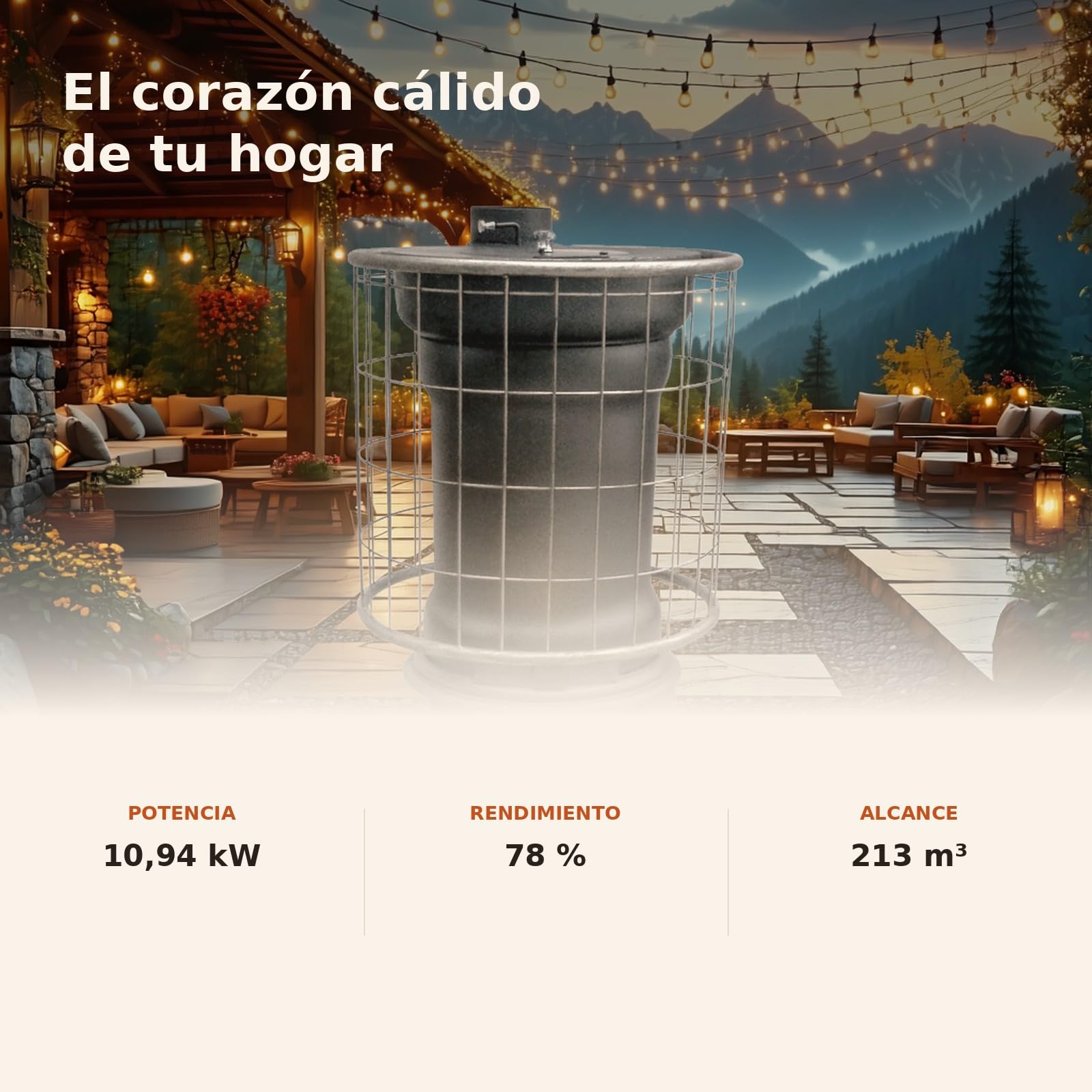 EIDER BIOMASA Estufa de Leña RÚSTICA EXTERIORES – 8,53 kW (máx. 13,05 kW) – Rendimiento 78% – Hasta 213 m³ – Doble Combustión – Certificada CE