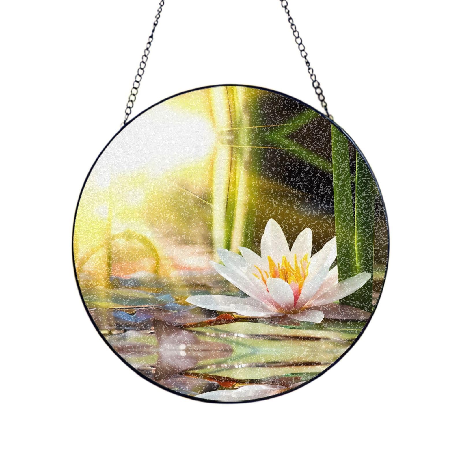 Poezjzw Stained Glass Window Hanging - Lotus Blossom Sun Catcher For Door Garden Home Decor Christmas Mother'S Day Birthday Gifts 4in（10cm）