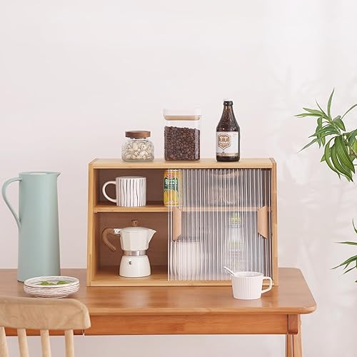 Miniatura 4 de Tiita Armario pequeño de despensa de cocina, aparador de bambú con puertas de vidrio, armario de despensa de alimentos para cocina, sala de estar y
