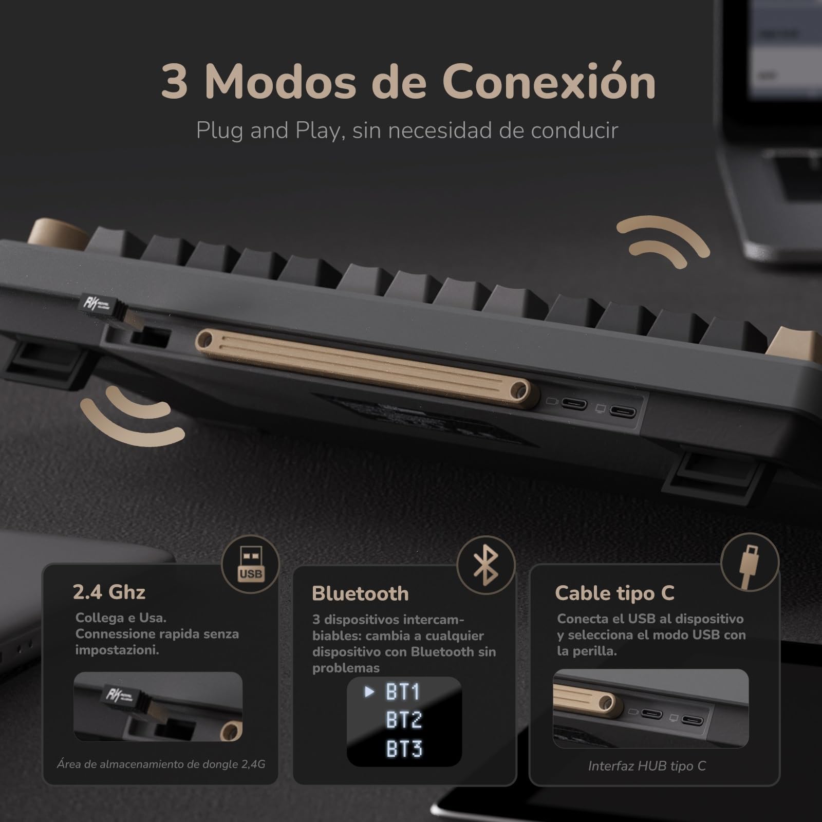 RK ROYAL KLUDGE M75 Teclado Mecánico Inalámbrico con Pantalla OLED, 75% Gasket Bluetooth/2.4G/USB-C, Layout US Teclado con 81 Teclas, Retroiluminación RGB, Hot-Swap (Interruptor Rojo, Gris)