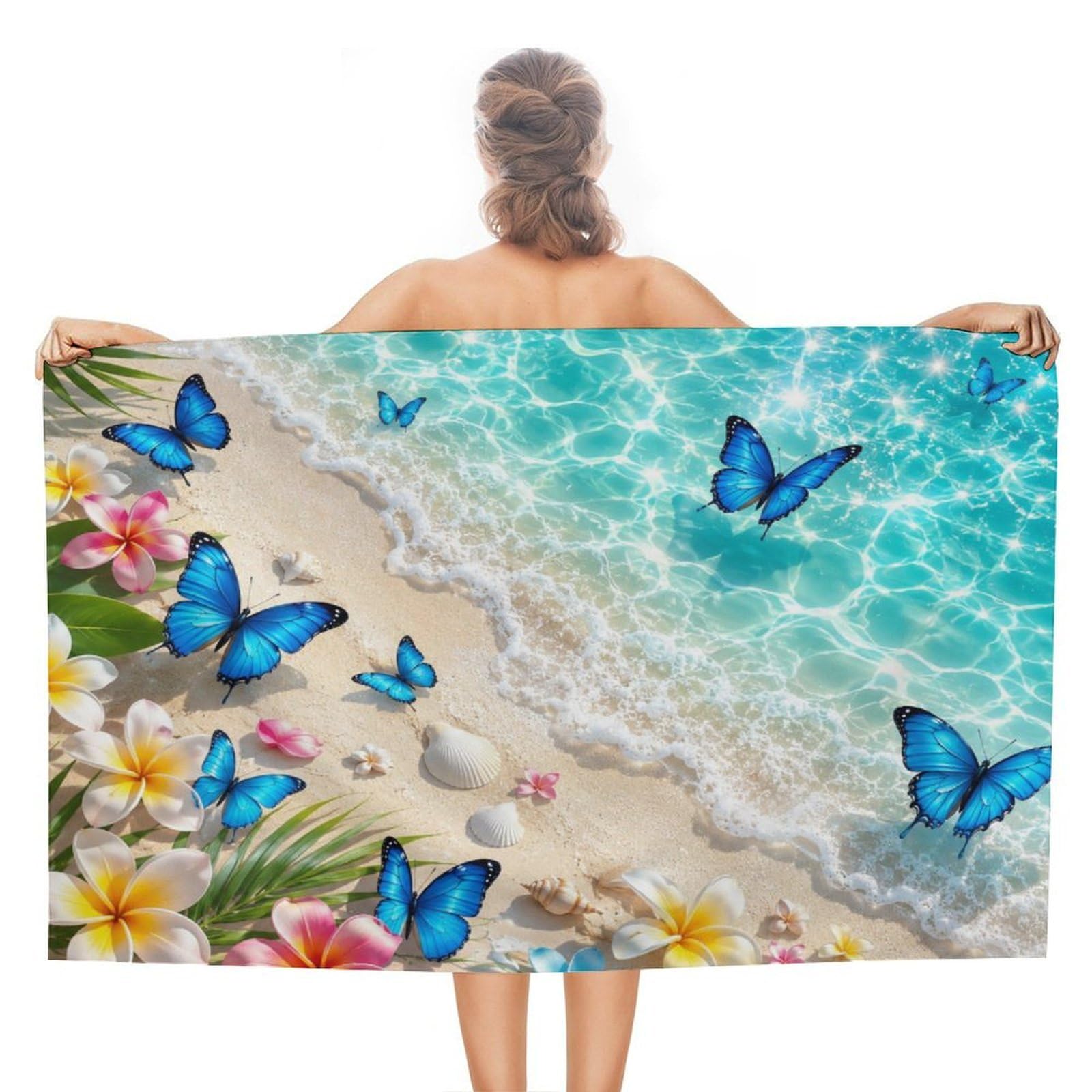 Anceky Tropical Beach Butterflies Flowers Seashells Oversized Beach Towel Quick Dry Sand Free Microfiber Travel Towel Lightweight Multi Purpose Beach Blanket Pool Gym Bath Towel 51x31 in