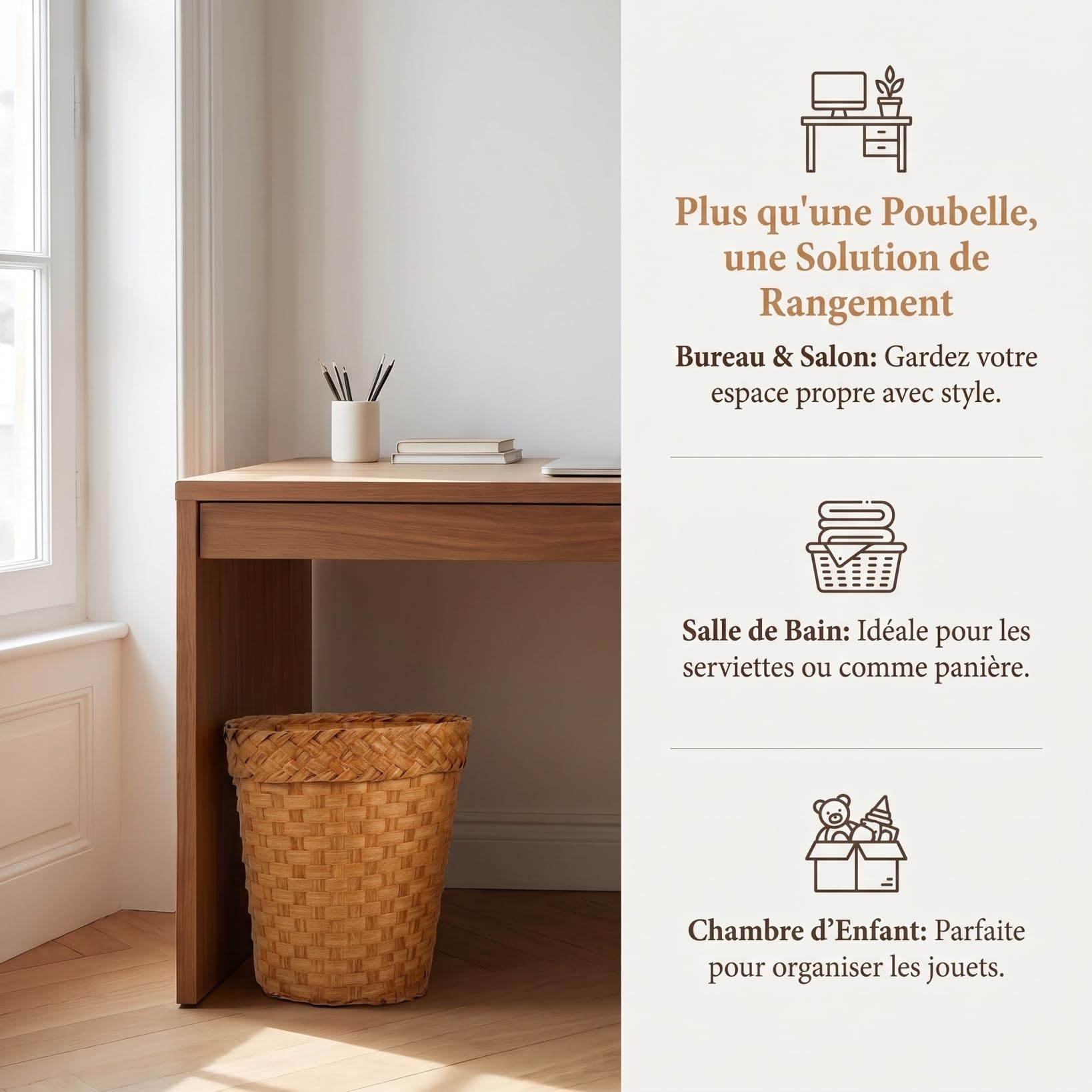 Toyvian Corbeille à Papier en Rotin Papier, Seau de Rangement, Khaki