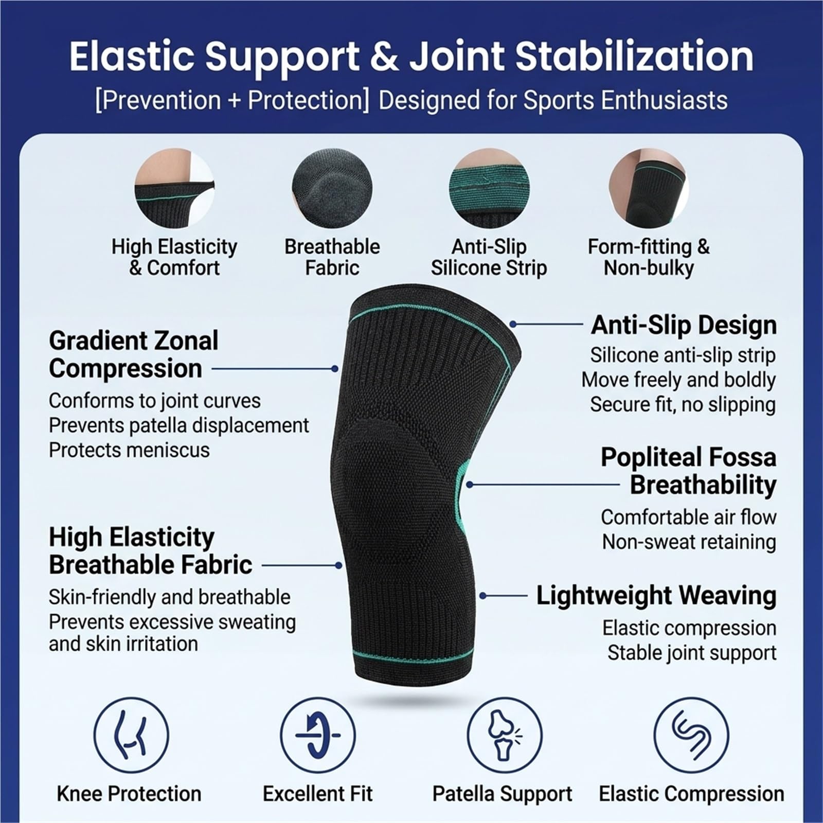 Ginocchiera di supporto per uomo e donna, tutore compressivo per ginocchio per corsa, sollievo dal dolore articolare, palestra, basket, sport, ginocchiera traspirante in maglia, fascia singola (L