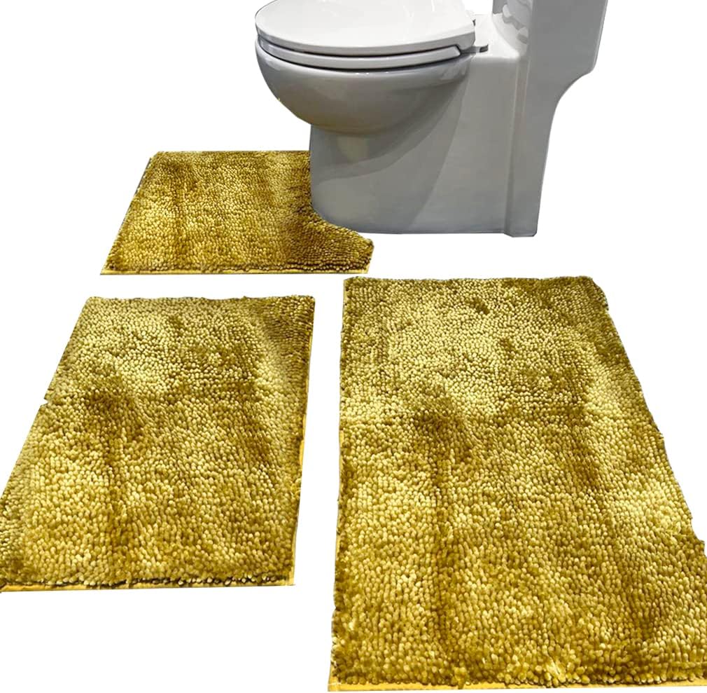 madeals chenille bath rug set 3 piece bathroom contour rugs combo, soft shaggy 2 piece bath shower mat and u-shaped toilet floor rug golden 20"x 32"/16"x 24"/contour gold