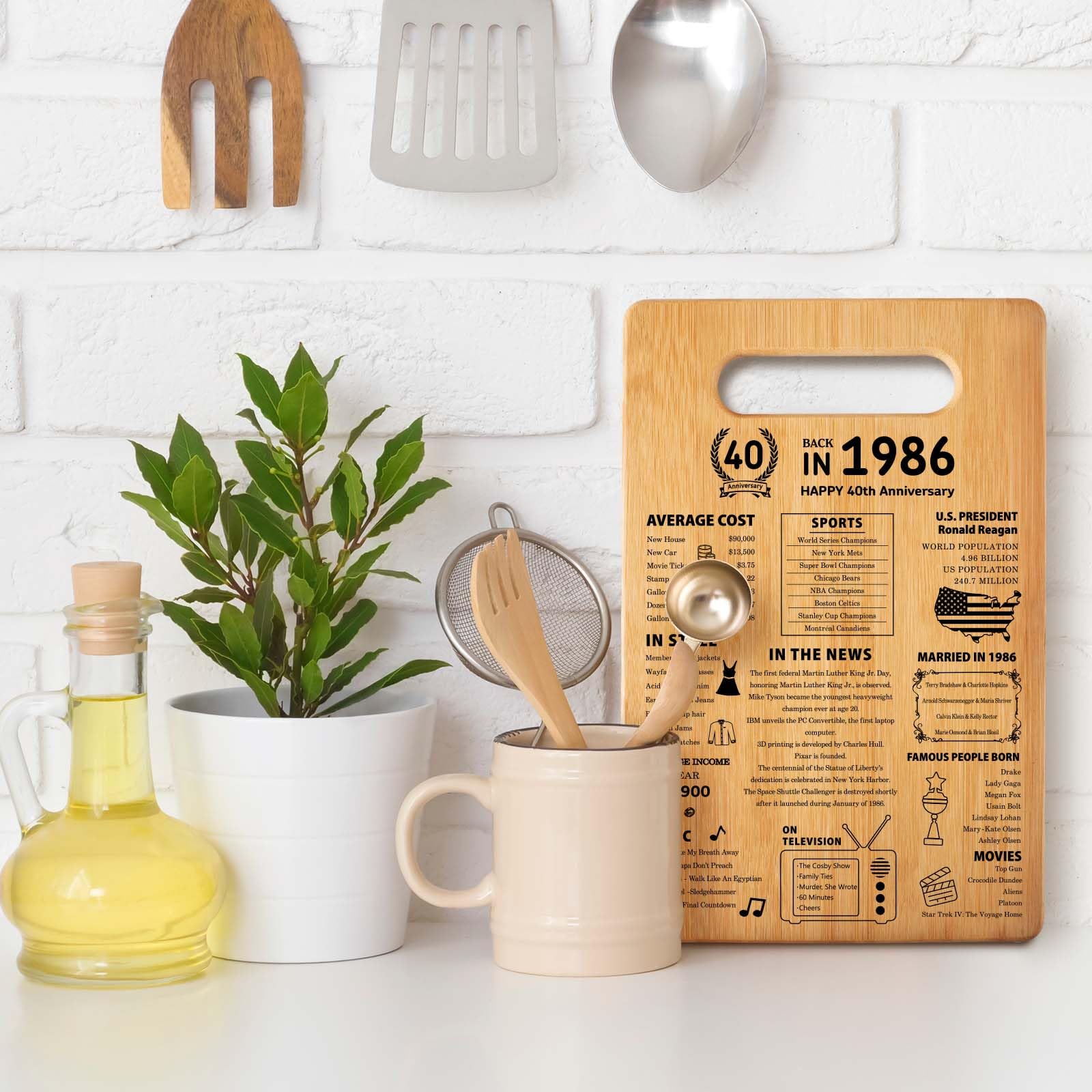 40th Wedding Anniversary Cutting Board Gifts for Women Men Marriage Gifts for Couple 1986 Poster Back In 1986 40th Anniversary Decorations 100% Organic Bamboo Pre Oiled 11"L x 7"W x 0.5"Th