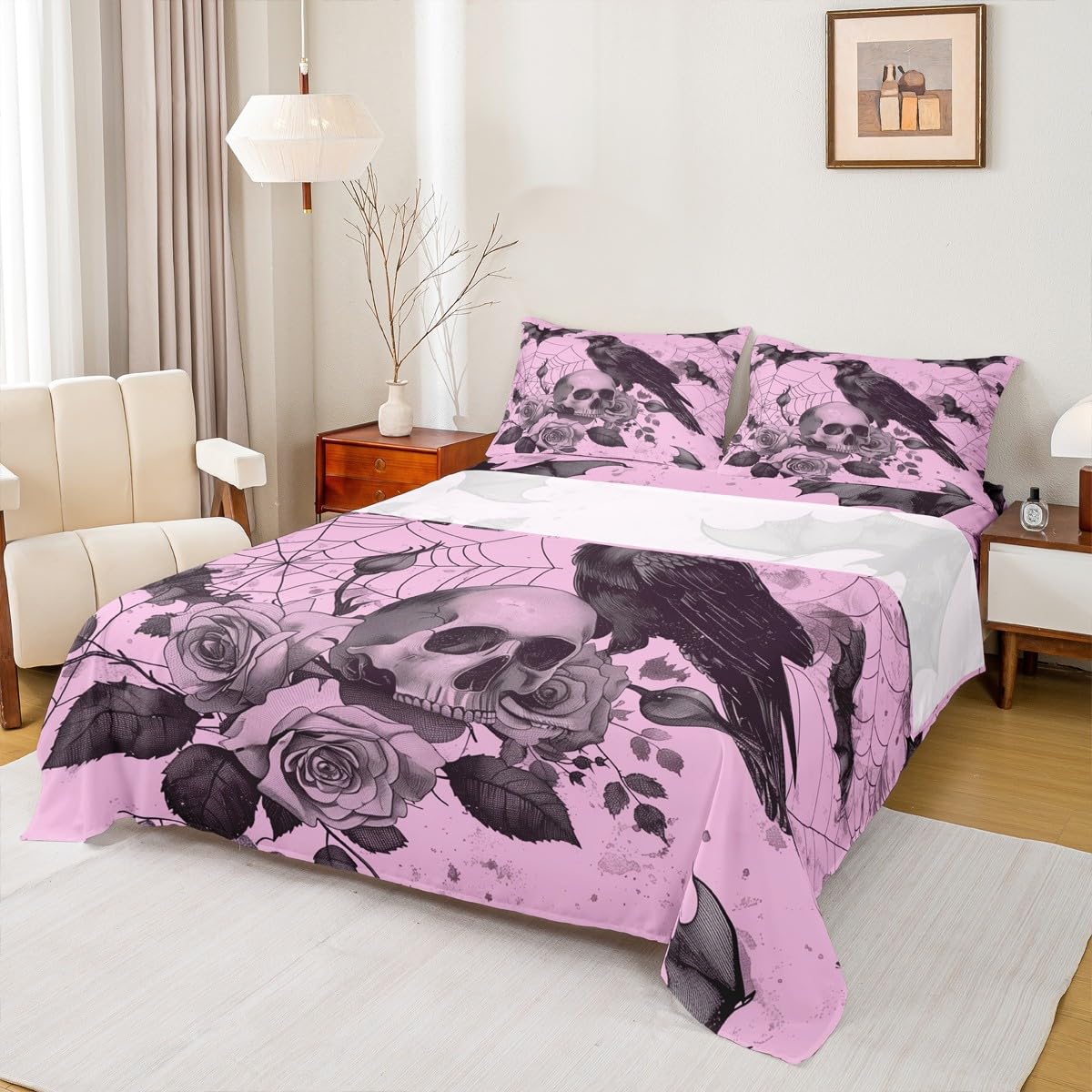 Homewish Juego de sábanas de cuervo para adultos, diseño de araña, color morado, telarañas, flores, rosa, calavera, Halloween, para adultos, ropa de cama cálida y suave, 4 piezas