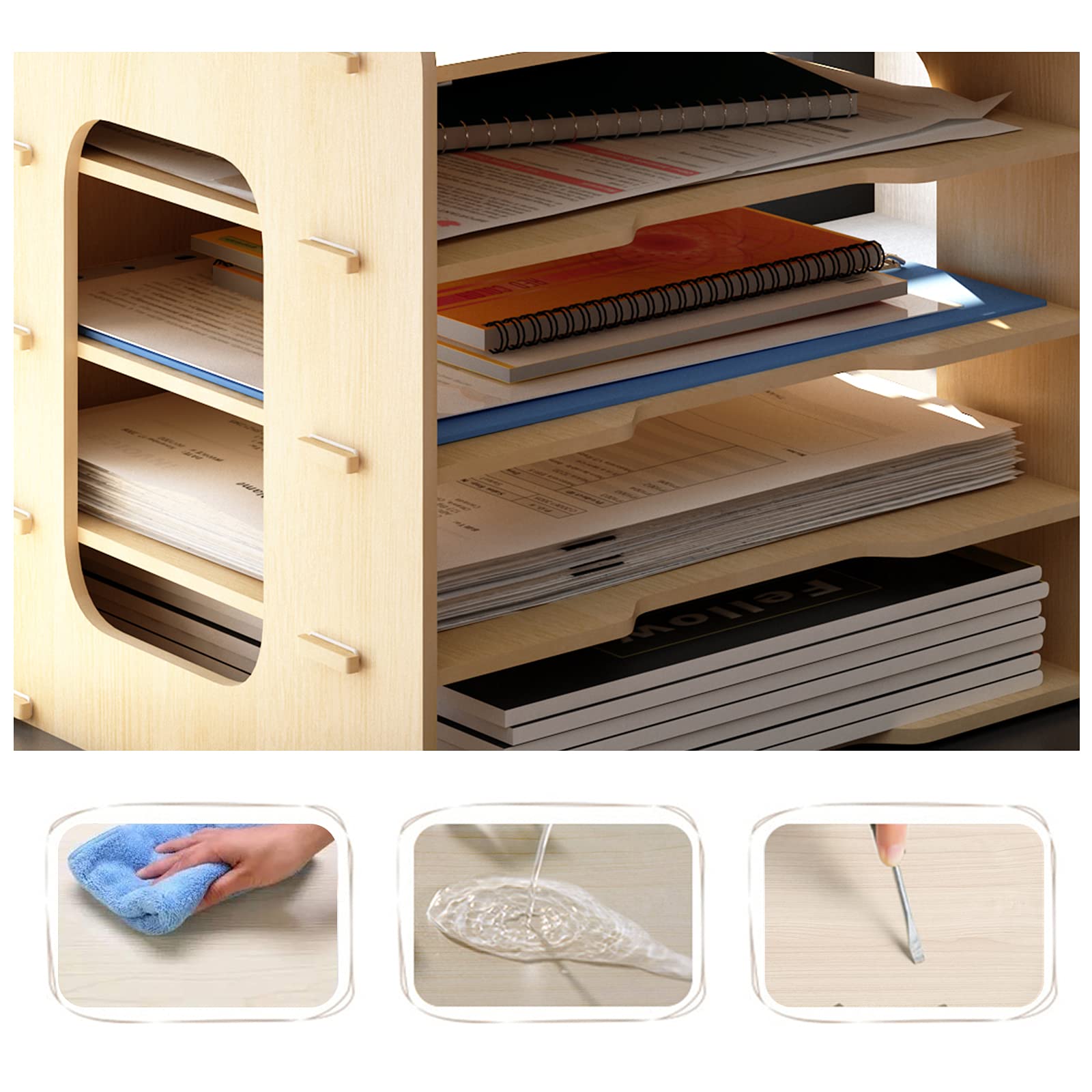 PUNCIA Organizer Scrivania 7 Ripiani in Legno Organizzatore Documenti Armadio Desktop Document Organizer Contenitore Libri Scrivania Scatola Archivio Porta Fogli A4 Porta Documenti per Ufficio Casa