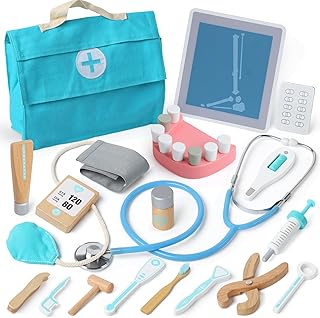 CUTE STONE Toy Doctor Kit for Kids, Wooden Toy Medical Kit with Real Stethoscope and Storage Bag, Pretend Play Dentist Set for Boys Girls, Toddlers Role Play Doctor Toys Gift for Age 3 4 5 6 Year Old