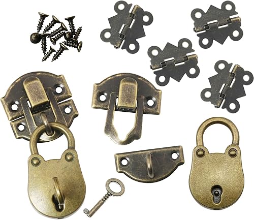 2 pestillos de cerrojo de bronce antiguo, 4 bisagras de caja y 2 cerraduras de oso con llaves para joyas, cajas de madera y manualidades, tornillos