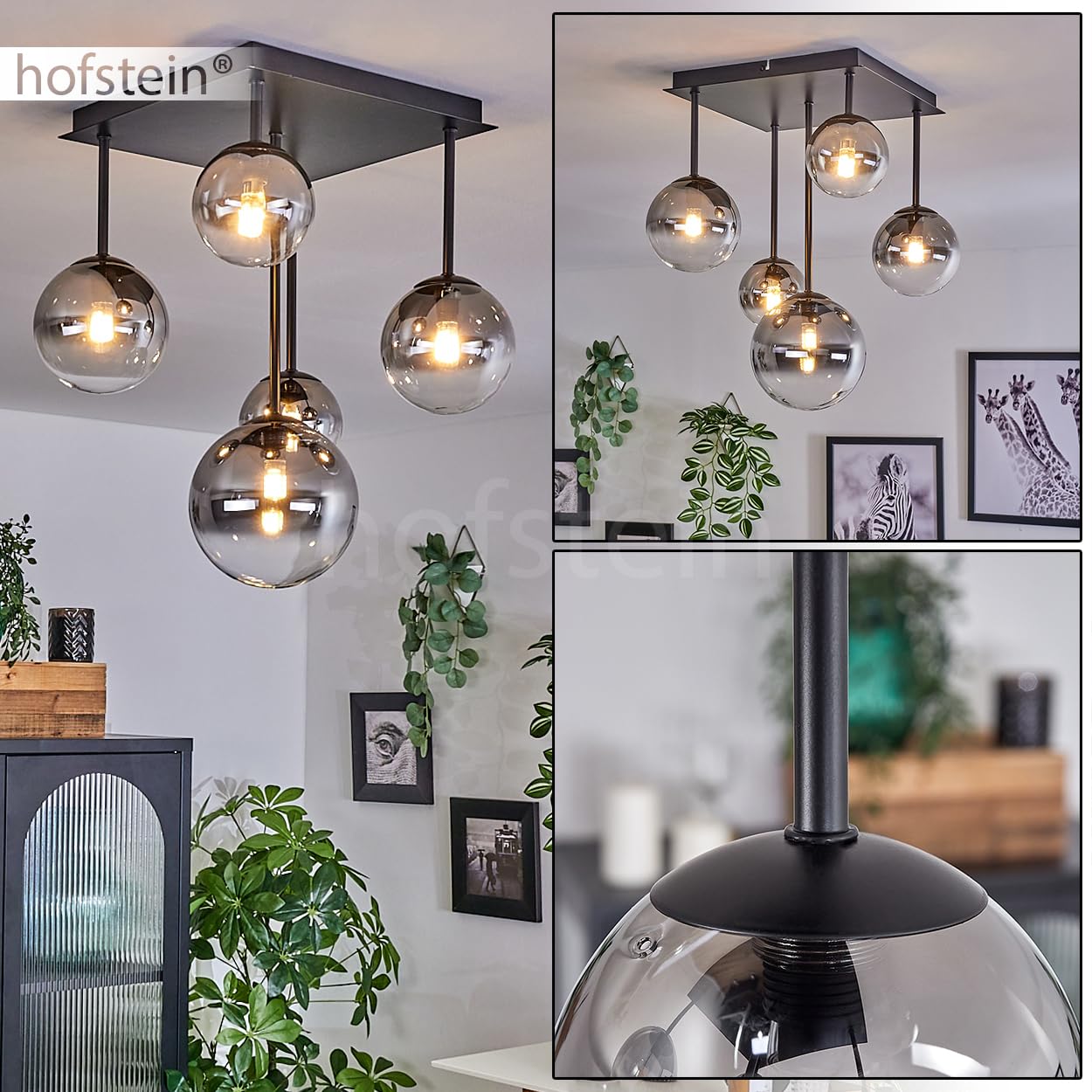 HOFSTEIN Plafoniera Chehalis, lampada da soffitto in metallo/vetro nero/fumo/trasparente, lampada dal design moderno retrò/vintage con ombrelli in vetro (Ø 10, 12, 15 cm), 5 x G9, senza lampadina