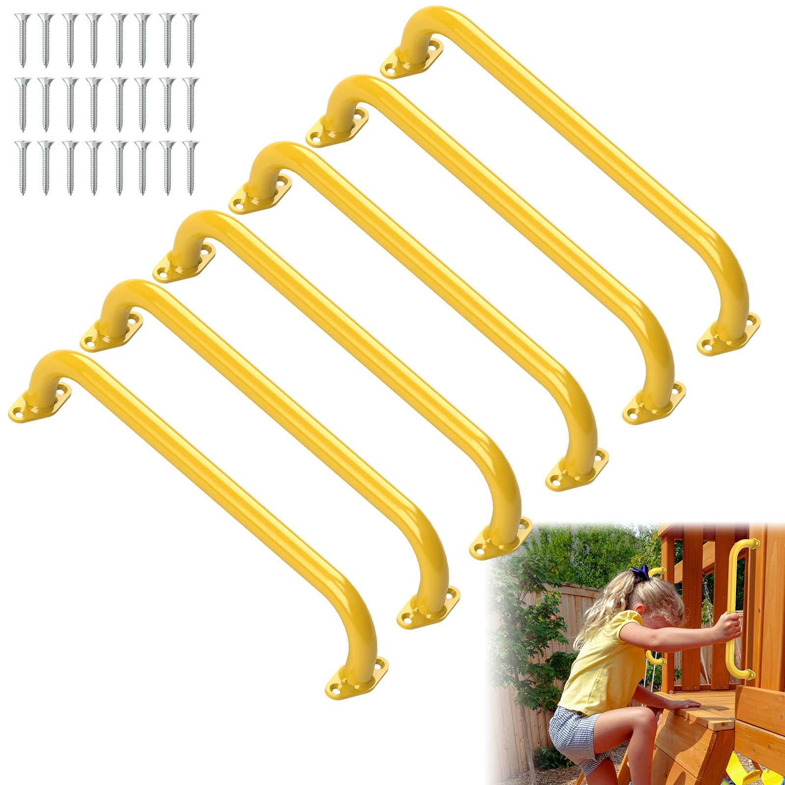 17.3 Inch Safety Playground Handles Metal Kids Indoor Outdoor Climbing Monkey Bars Swing Set Accessories Grab Handle Playset Hand Grips for Playhouse, Treehouse, Jungle Gym (Yellow, 6 Pack)