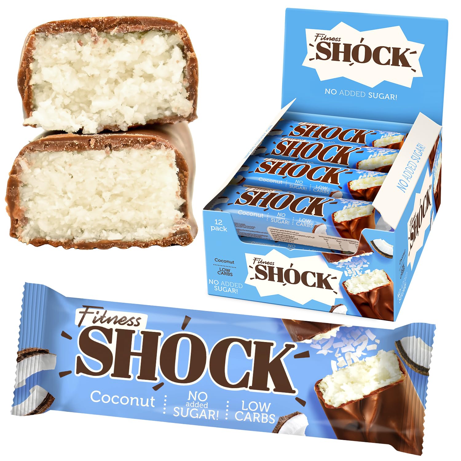 Fitnesshock Protein Bar 12-Pack no added sugar, low carb (3.5g), rich in fibre, low calories, 12pcs Fitness chocolate protein bar, no flour and palm oil, 12x50g coconut flavor