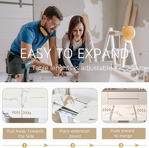 Miniatura 4 de Henf Juego de mesa de comedor extensible de 7 piezas para 6, 63"-79" juego de mesa de cocina extensible con veta de mármol blanco con 6 sillas Negro