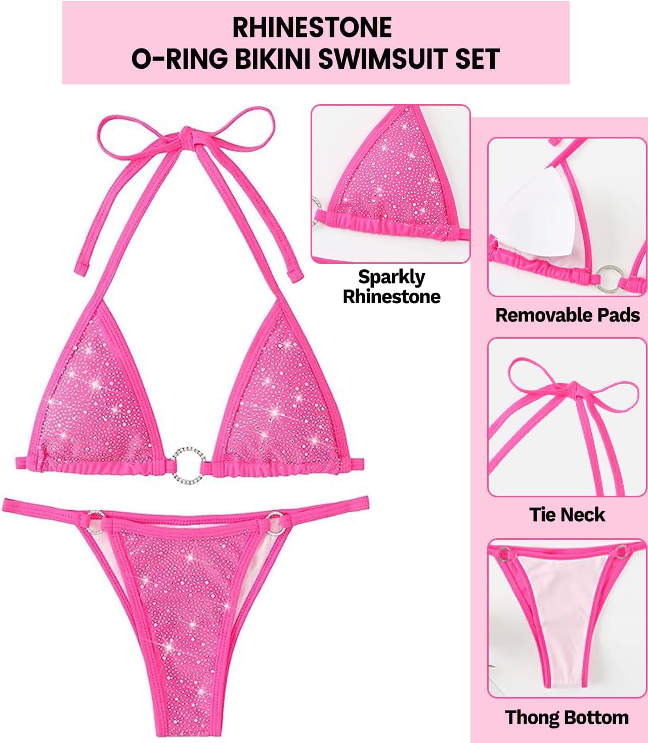 Women's Sparkly Rhinestone Halter Triangle O Ring Top String Thong High Cut Bottom 2 Pieces Bikini Swimsuit Set - Image 3