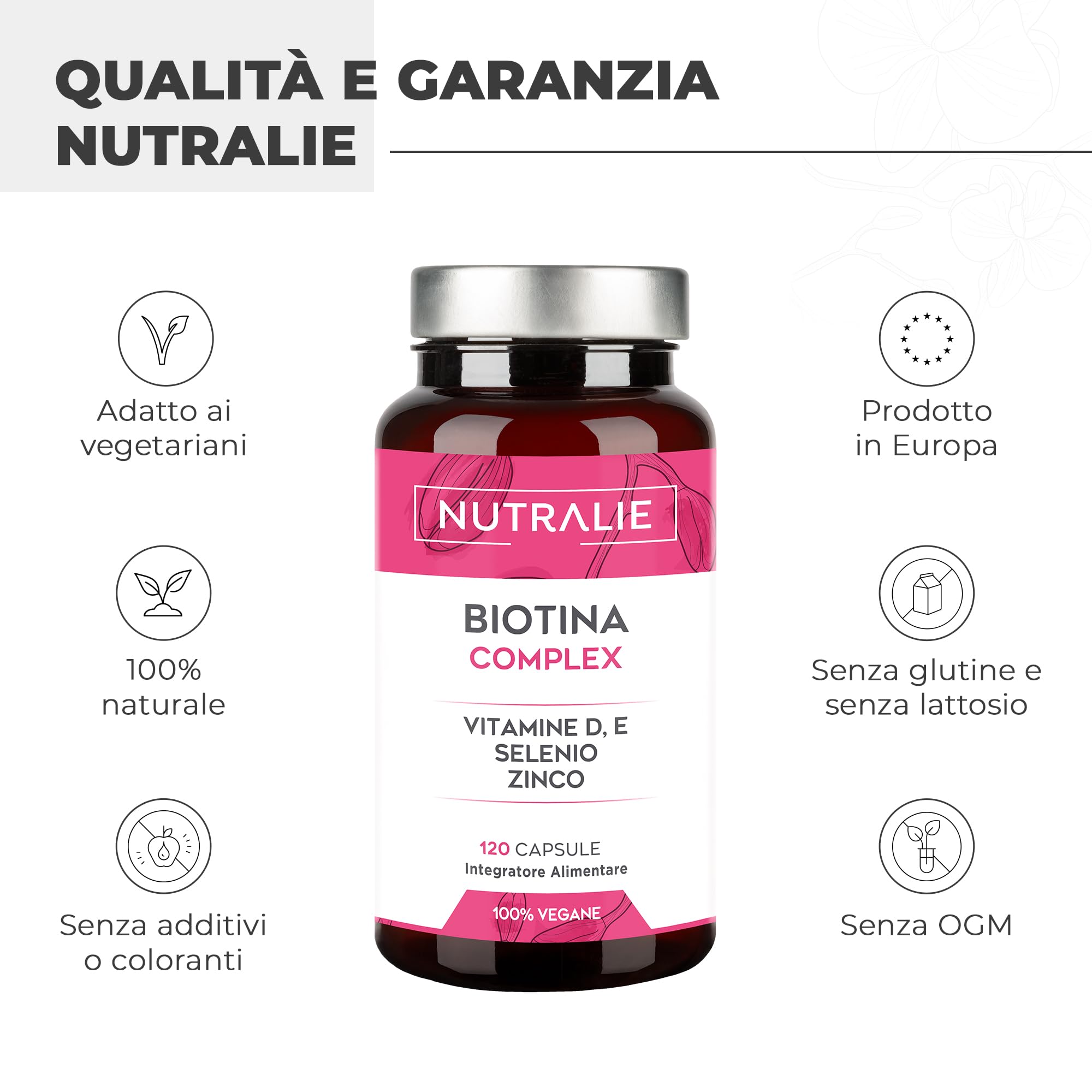 Biotina Capelli 10000 mcg - Crescita Capelli Unghie e Pelle - Zinco Selenio Vit E D - Integratore Capelli Donna Uomo - Biotina Capelli - Alto Dosaggio - Hair Growth 120 Capsule Vegane - Nutralie