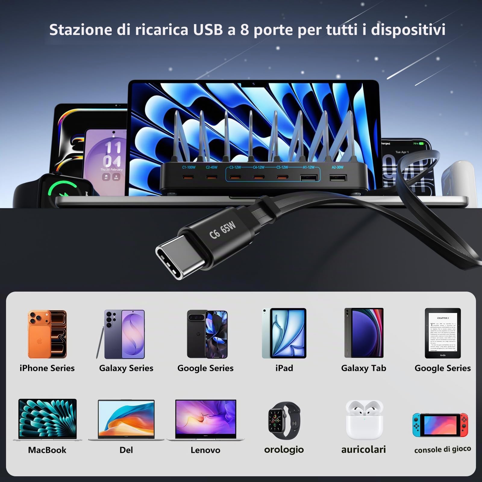 Stazione di ricarica USB da 288W per più dispositivi, GaN PD 100W, 8 Porte USB-C, con divisori regolabili e 8 cavi, per iPhone, iPad, Samsung, MacBook Pro/Air, Tablet