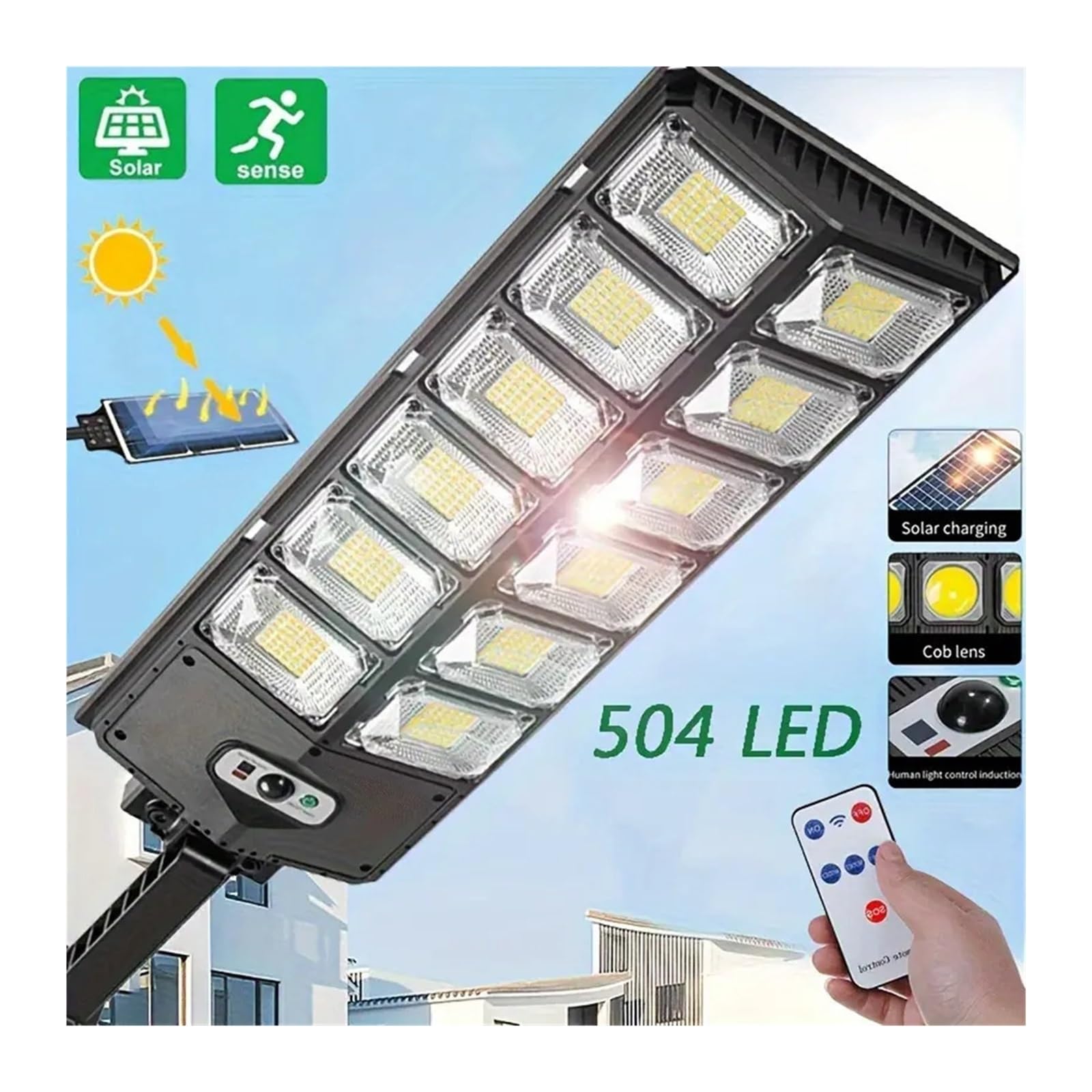 504 LED ultra-luminoso, luce solare stradale con sensore di movimento grandangolare, telecomando, risparmio energetico, impermeabile 4300 mAh