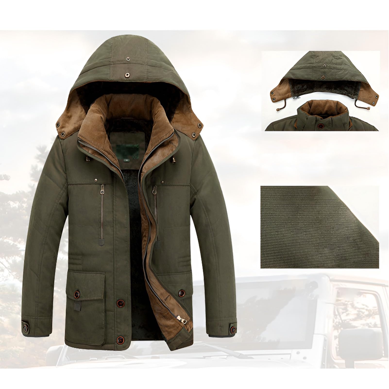 ANUFER Herren Thermo-Baumwoll-Wattierte Parka-Jacke mit Kapuze