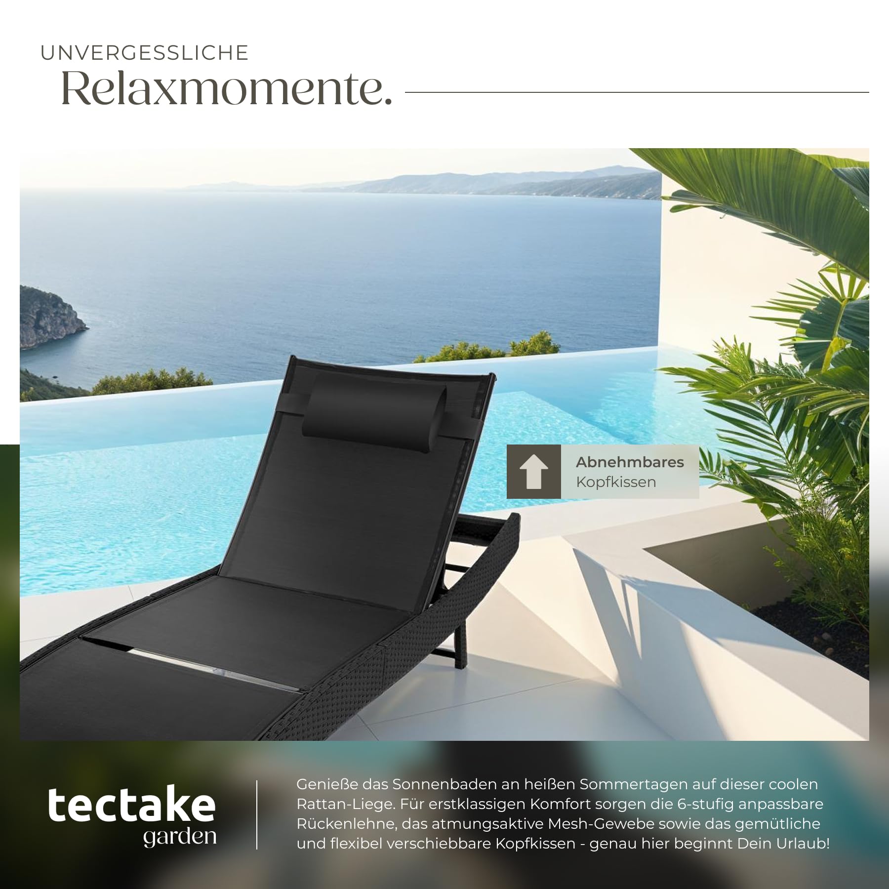 tectake® Sonnenliege, 6-Fach verstellbare Rückenlehne, Gartenliege wetterfest, Poolliege mit Kopfkissen, Outdoor Liege, UV-beständig, Strandliege für Garten, Terrasse und Balkon - schwarz