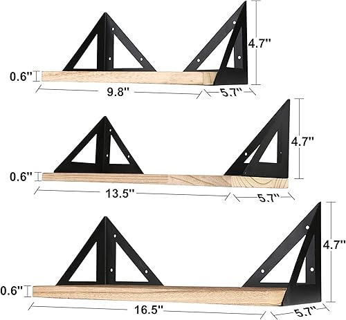 Miniatura 3 de Juego de 3 estantes flotantes flotantes rústicos montados en la pared para baño, dormitorio, sala de estar, cocina, fácil de instalar, decoración y
