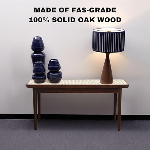 Miniatura 8 de Banco de comedor de ratán natural de 47.2 pulgadas con marco de banco de madera de roble 100% macizo, otomana para zapatos al pie de la cama para