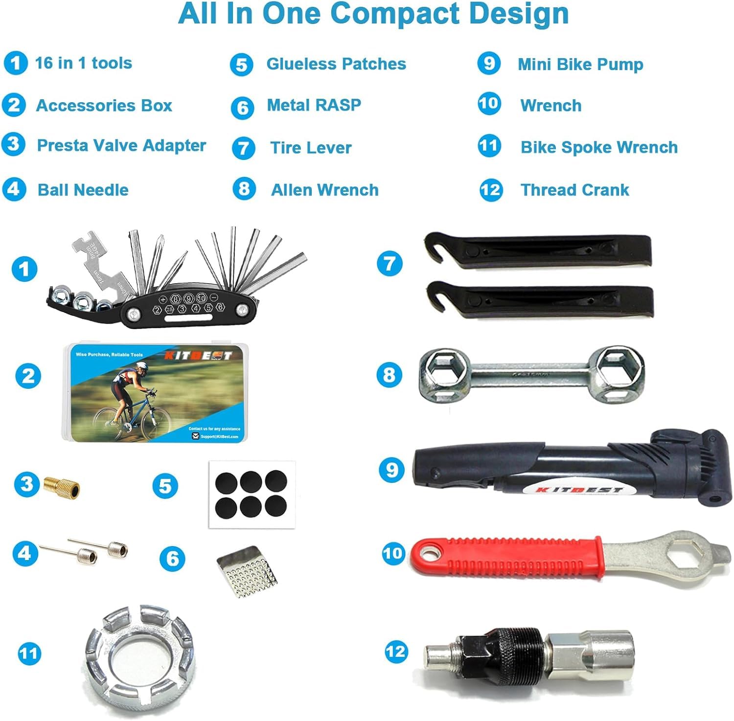 KITBEST Kit di riparazione per bici, kit di attrezzi per bicicletta con pompa e borsa, kit di riparazione per pneumatici con kit di riparazione per pneumatici 16 in 1, accessori per mountain bike
