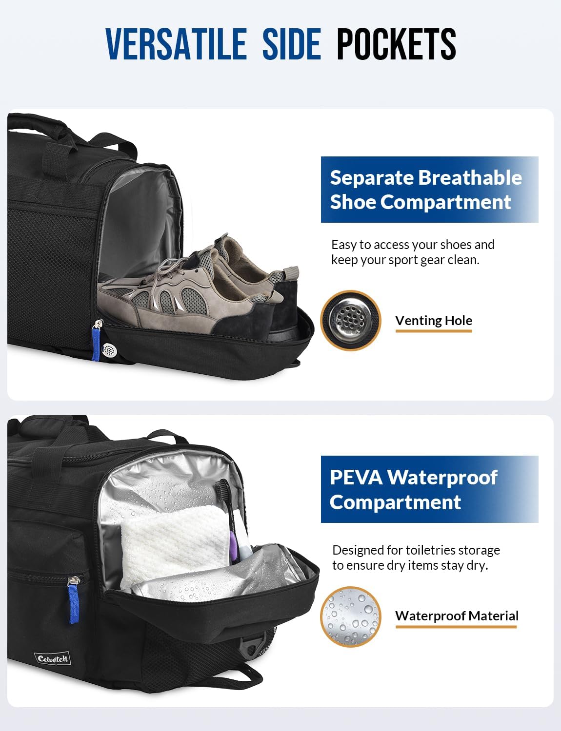 Gym Bag for Men Women with Shoes Compartment 3-in-1 Sports Travel Duffel Bag Multipurpose Weekender Overnight Backpack with Wet Pocket - Black - Image 4