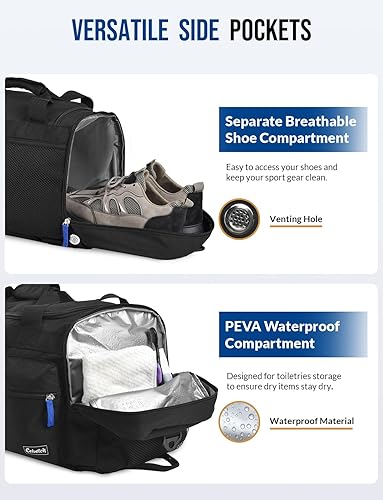 Miniatura 4 de Bolsa de gimnasio con compartimento para zapatos, bolsa de viaje deportiva 3 en 1, mochila de viaje para fin de semana con bolsillo húmedo, Negro