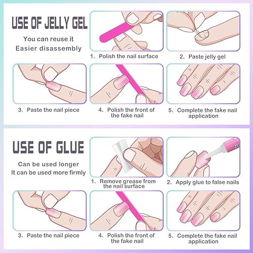 Miniatura 7 de Gufonkod Uñas postizas cuadradas medianas con punta francesa a presión, uñas adhesivas brillantes, uñas postizas de cobertura completa con diamantes