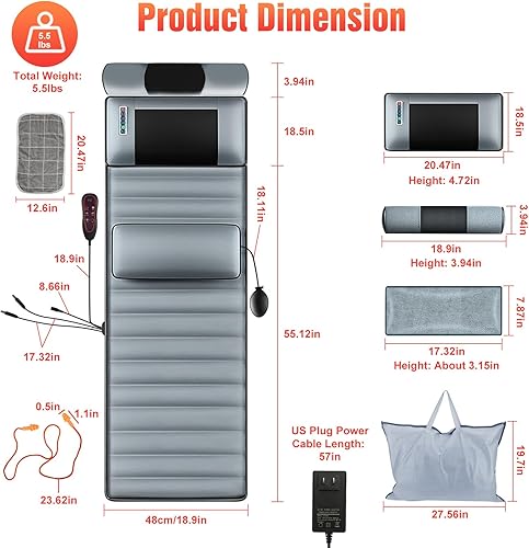Miniatura 7 de Alfombrilla de masaje con calor, almohadilla de masaje de vibración de cuerpo completo con masajeador de cuello desmontable, almohada lumbar, 10