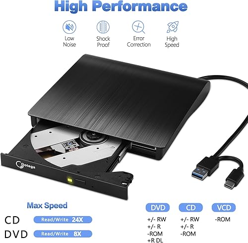 Miniatura 16 de Gotega Unidad de DVD externa, USB 3.0 portátil +/-RW, reproductor de DVD para grabadora de CD ROM compatible con computadora portátil de escritorio